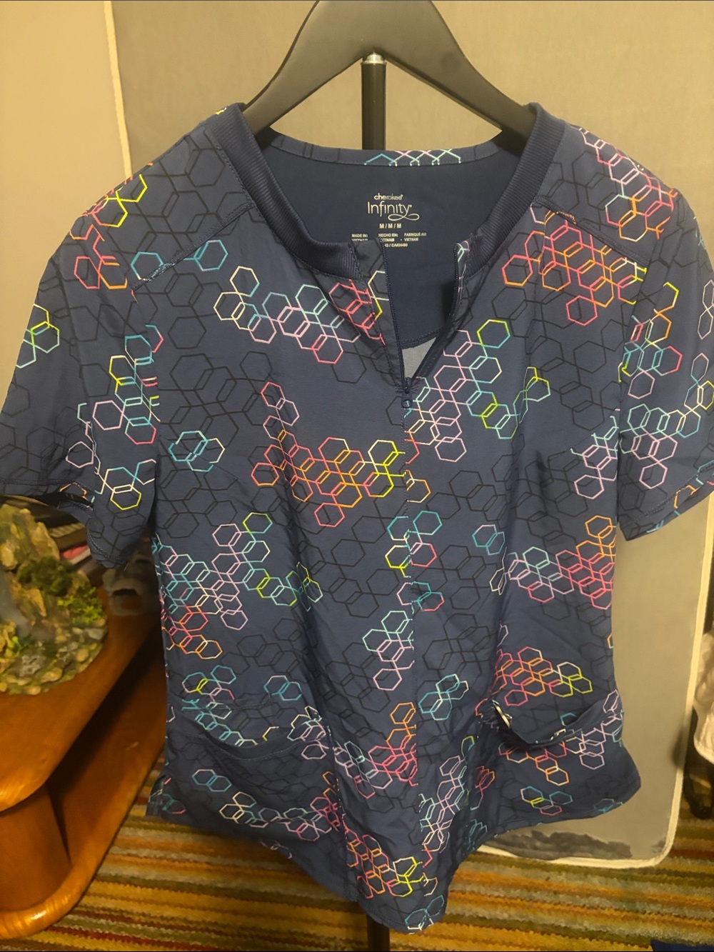 Cherokee Navy Scrub Top with Multicolor Hex Print